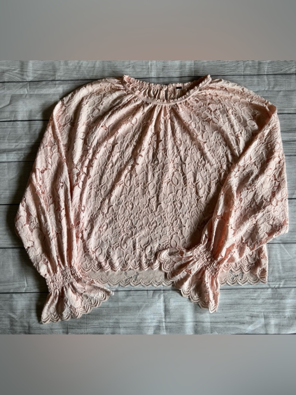 Free People Blush Pink Lace Boho Blouse Sheer Long Sleeve Romantic Top Size S - Picture 2 of 12